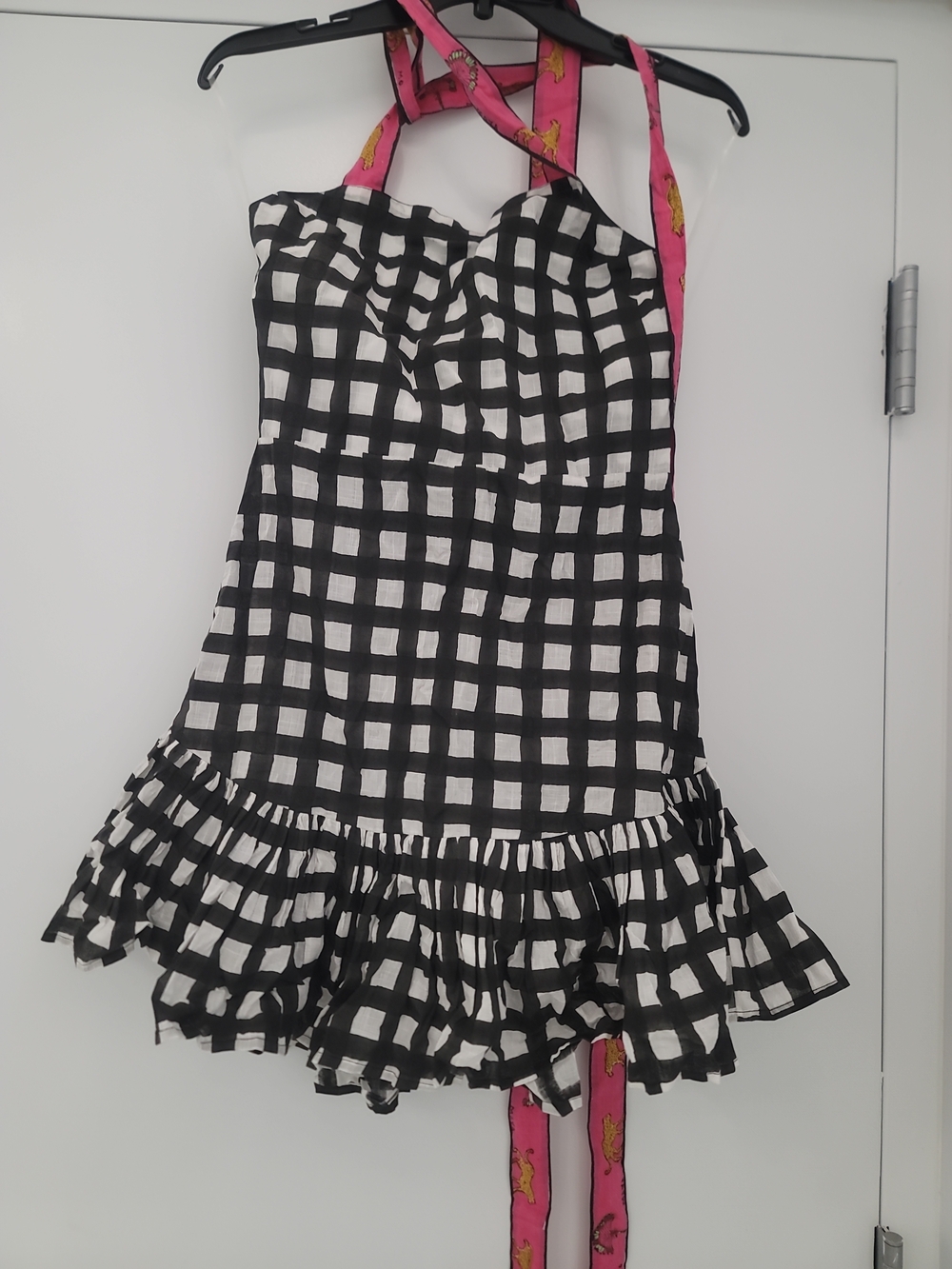 Mo Maya Luna Check and Leopard Print Strap Square Neckline Sleeveless Mini Dress